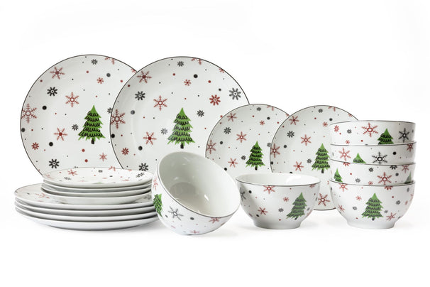 Cookinglife Weihnachtsgeschirrset Rot - Porzellan - 18-teilig / 6 Personen - 6 Speiseteller, 6 Frühstücksteller & 6 Schalen