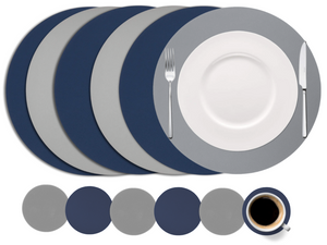 Cookinglife 6 Platzsets + 6 Untersetzer - Doppelseitig - Rund - Veganes Leder - Blau / Grau - 12 Stück