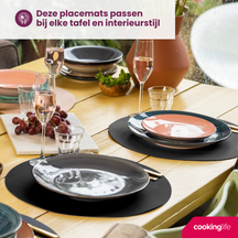 Cookinglife 6 Platzsets + 6 Untersetzer - Rund - Veganes Leder - Schwarz - 12 Stück