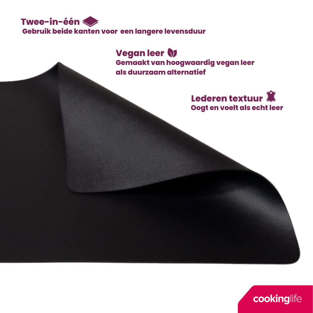 Cookinglife Tischsets - Veganes Leder - Schwarz - 46 x 33 cm - 6 Stück