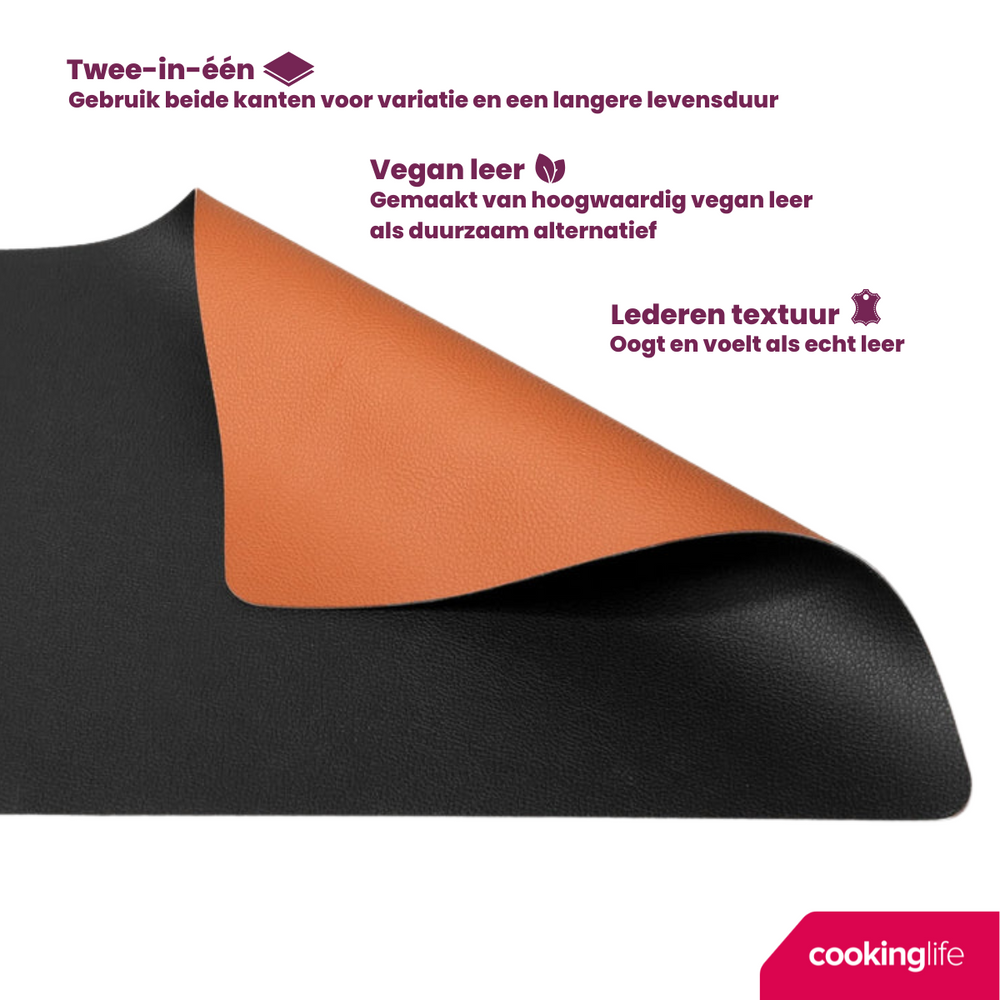 Cookinglife Tischsets - Doppelseitig - Veganes Leder - Cognac / Schwarz 46 x 33 cm - 6 Stück