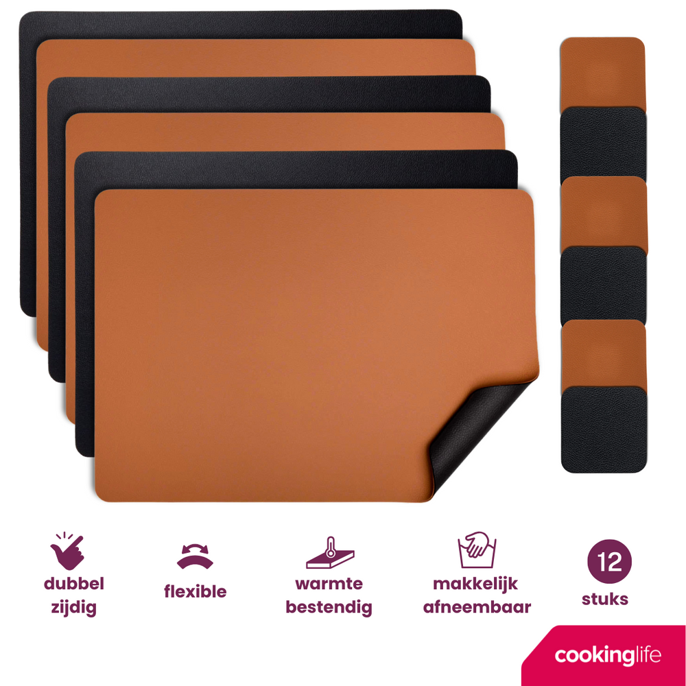 Cookinglife 6 Platzsets + 6 Untersetzer - Doppelseitig - Veganes Leder - Schwarz / Cognac - 12 Stück