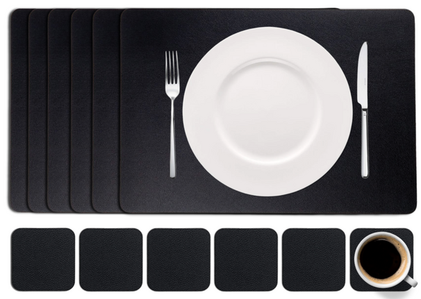 Cookinglife 6 Platzsets + 6 Untersetzer - Veganes Leder - Schwarz - 12 Stück