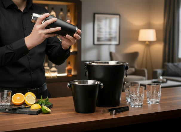 Cookinglife Barset Schwarz 4-teilig - Cocktailshaker, Champagnerkühler, Eiskübel und Zange