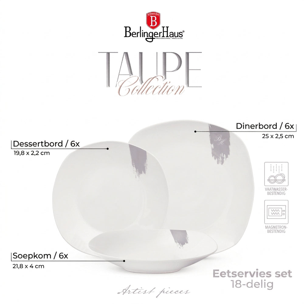BerlingerHaus Geschirrset Taupe - 18-teilig / 6 Personen - 6 Speiseteller, 6 Frühstücksteller und 6 Suppenteller