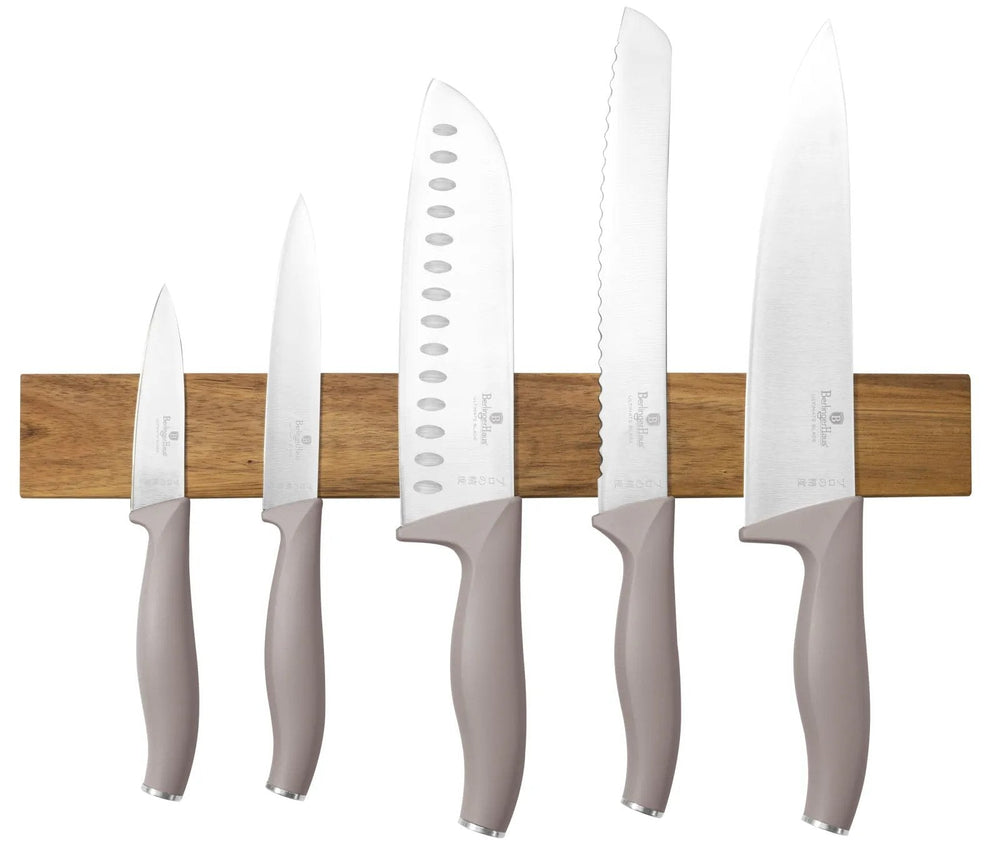 BerlingerHaus Messerset mit Messermagnetleiste Acaciahout Taupe - 6-teilig - Kochmesser, Brotmesser, Santokumes, Officemesser & Schälmesser