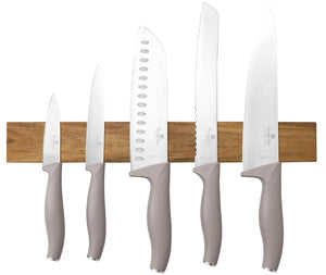 BerlingerHaus Messerset mit Messermagnetleiste Acaciahout Taupe - 6-teilig - Kochmesser, Brotmesser, Santokumes, Officemesser & Schälmesser