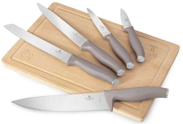 BerlingerHaus Messerset mit Schneidebrett Taupe 6-teilig - Kochmesser, Brotmesser, Fleischmesser, Officemesser & Schälmesser