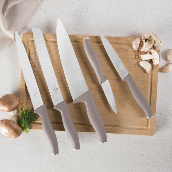 BerlingerHaus Messerset mit Schneidebrett Taupe 6-teilig - Kochmesser, Brotmesser, Fleischmesser, Officemesser & Schälmesser