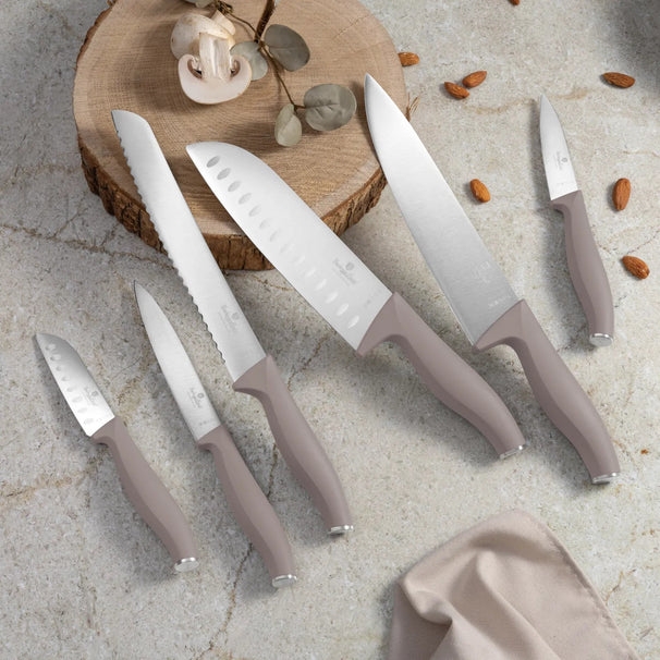 BerlingerHaus Messerblock Taupe 6-teilig - Kochmesser, Brotmesser, Santokumesser, Officemesser & Schälmesser