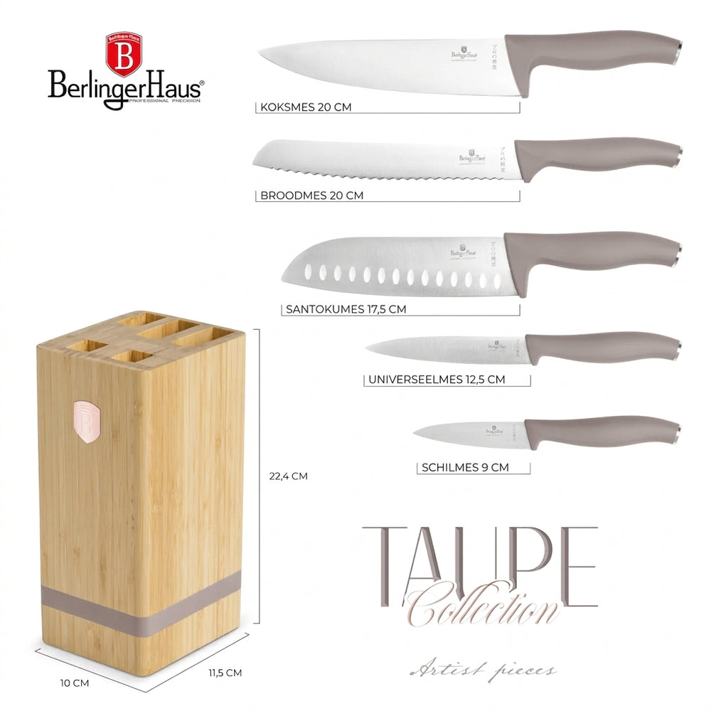 BerlingerHaus Messerblock Taupe 6-teilig - Kochmesser, Brotmesser, Santokumesser, Officemesser & Schälmesser