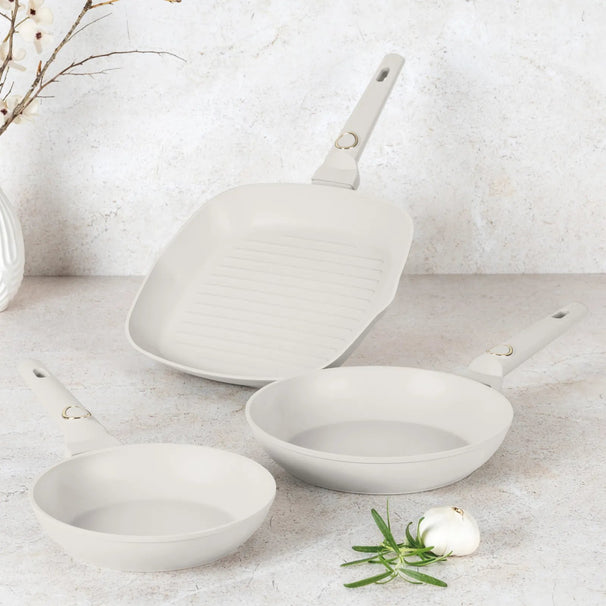 BerlingerHaus Bratpfannenset Matt Creme 3-Teilig - Bratpfanne ø 20 & 24 cm, Grillpfanne 28 cm - Geeignet für alle Wärmequellen