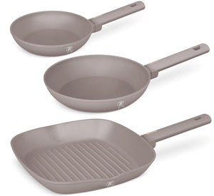 BerlingerHaus Bratpfannenset Taupe 3-Teilig - Bratpfanne ø 20 & 24 cm, Grillpfanne 28 cm - Geeignet für alle Wärmequellen
