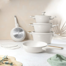 BerlingerHaus Topfset Nordic Mat Crème 7-Teilig - Kochtopf ø 20, 24, 28 cm & Bratpfanne ø 20, 24 cm - geeignet für alle Wärmequellen