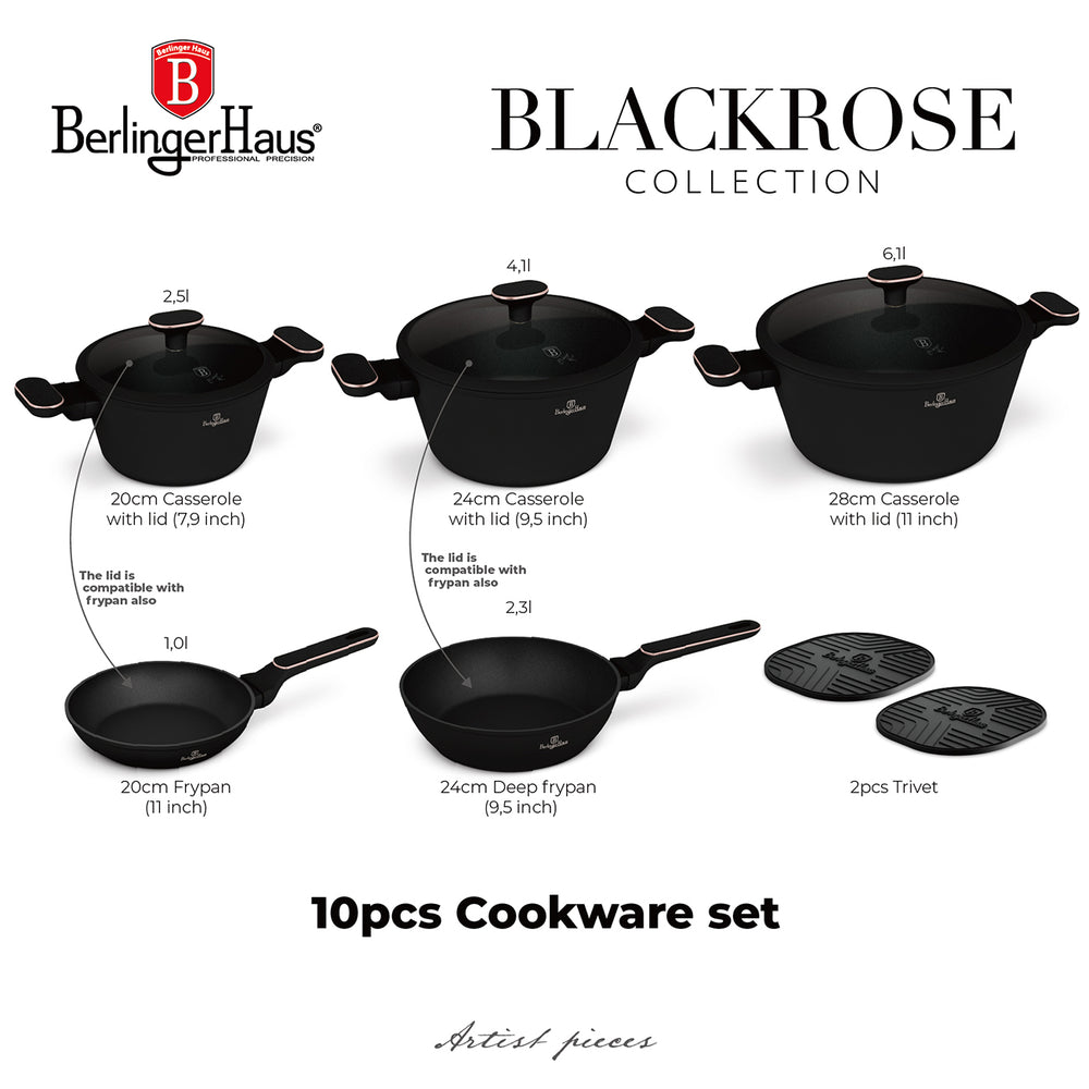 BerlingerHaus Topfset Schwarz Roségold 7-Teilig - Kochtopf ø 20, 24, 28 cm & Bratpfanne ø 20, 24 cm - geeignet für alle Wärmequellen