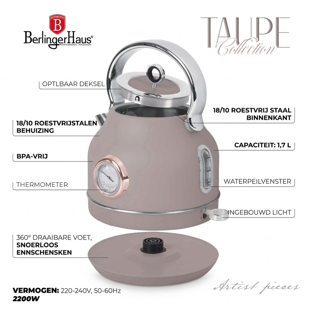 BerlingerHaus Wasserkocher Taupe - mit Thermometer - 1,7 Liter - 2200W