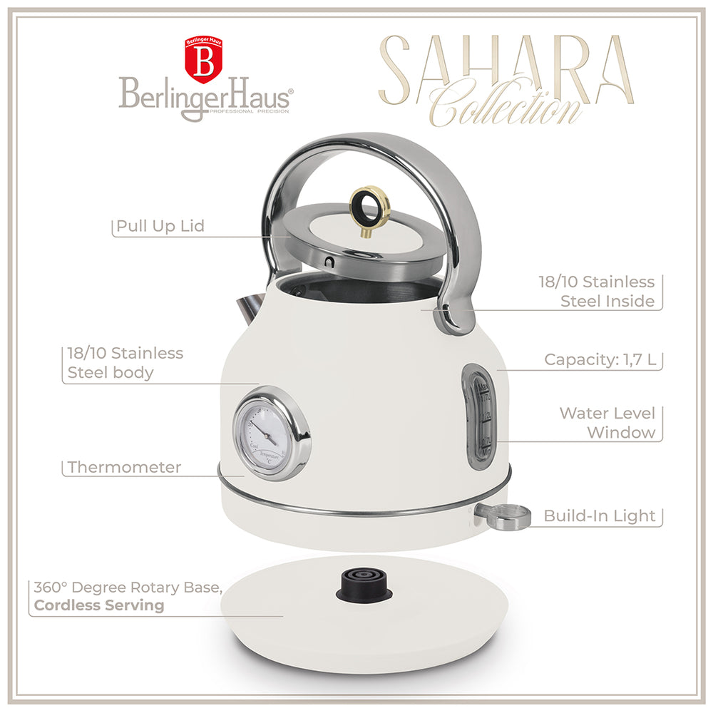 BerlingerHaus Wasserkocher Matt Crème - mit Thermometer - 1.7 Liter - 2200W