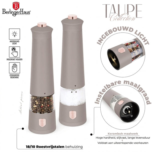 BerlingerHaus Elektrische Pfeffer- und Salzmühlen Set Matt Taupe - Keramische Mühle - 2-Teilig