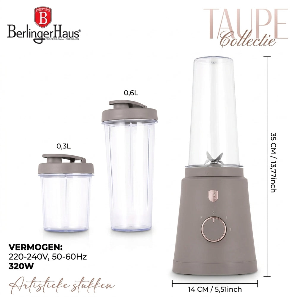 BerlingerHaus Smoothie-Maker to Go Matt Taupe - Inklusive 2 Becher - 320W