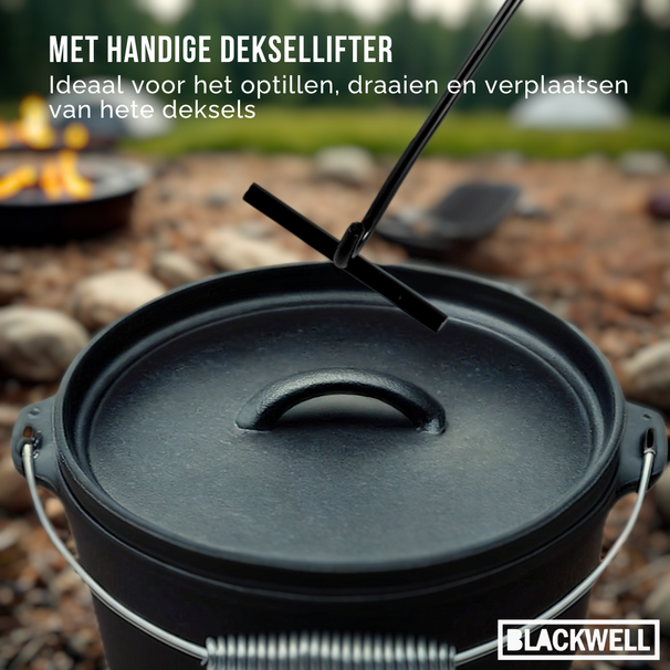 Blackwell Dutch Oven BBQ Set aus Gusseisen – Schmortopf + Heber, Bratpfanne Ø 20 cm & Grillplatte Ø 30 cm – 4-teilig – geeignet für alle Herdarten