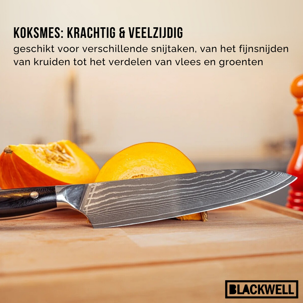 Blackwell Messerset (Kochmesser + Gemüsemesser + Schälmesser) – Japanischer Stil – 67 Lagen Damaszenerstahl – VG10 – 3-teilig