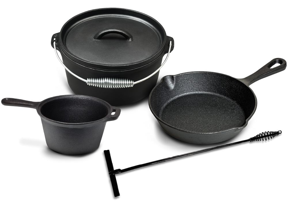 Blackwell Dutch Oven BBQ Set Gusseisen - Bräter + Lifter, Bratpfanne ø 20 cm & Steelpan 18 cm - 4-teilig