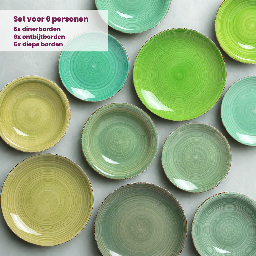 Cookinglife Geschirrset Delice Grün 18-teilig / 6 Personen - 6 Speiseteller, 6 Suppenteller und 6 Frühstücksteller