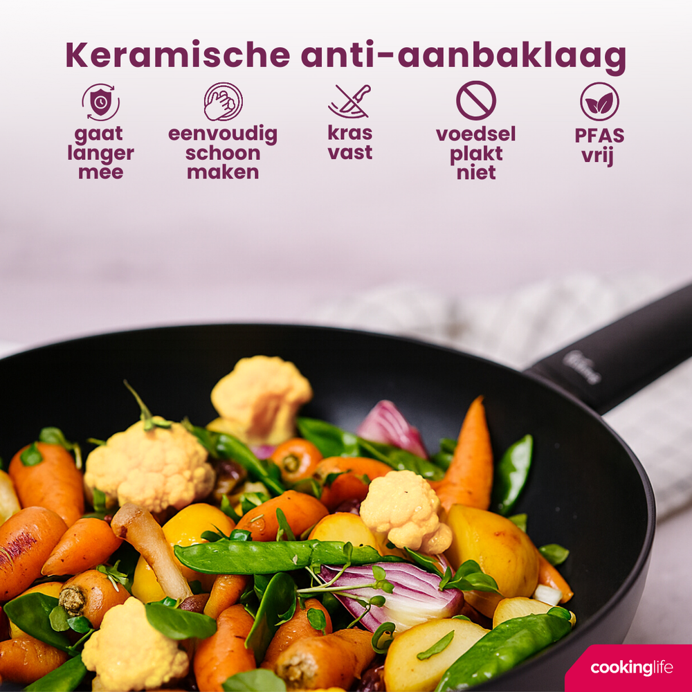 Cookinglife Pfannenset Black Cera 3-teilig - Wokpfanne ø 28 cm + Bratpfannen ø 24 & 28 cm - geeignet für alle Wärmequellen - keramische Antihaftbeschichtung