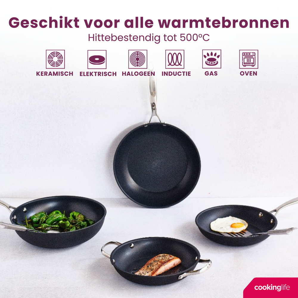 Cookinglife Pfannenset Revolt 3-teilig - Wokpfanne ø 28 cm + Bratpfanne ø 24 & 28 cm - geeignet für alle Wärmequellen - keramische Antihaftbeschichtung