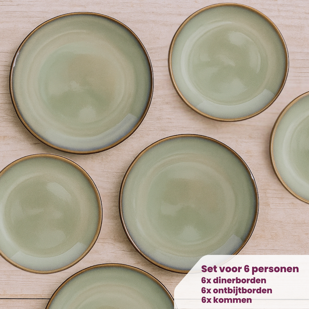 Cookinglife Geschirrset Sabi Grün 18-teilig / 6 Personen - 6 Speiseteller, 6 Frühstücksteller und 6 Schalen