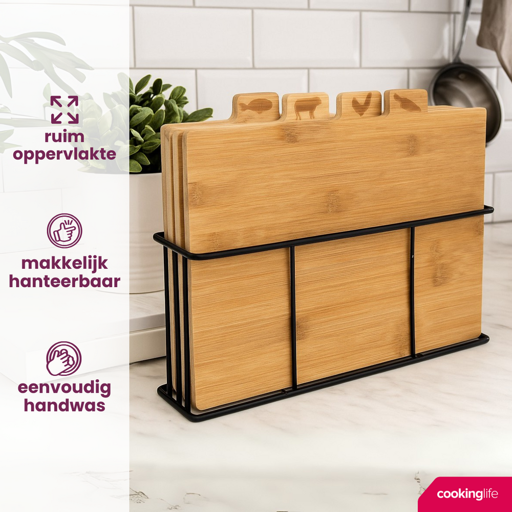 Cookinglife Bambus-Schneidebrett-Set mit Halter, 5-teilig