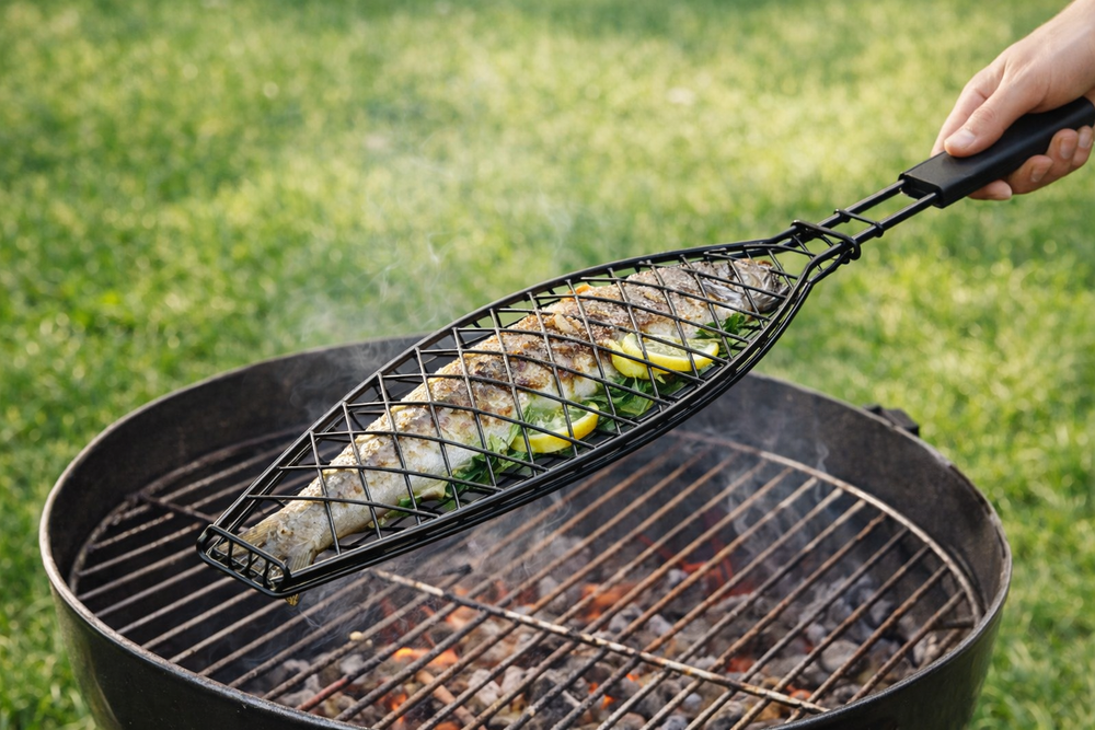 Cookinglife BBQ Fischgrill Fire & Flavour - Antihaft Metall - Grillen von Fisch und Gemüse