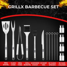 GrillX BBQ Zubehör Werkzeugset - BBQ Zange, Spatel, Gabel, Bürste - Komplettes Grillwerkzeug Set