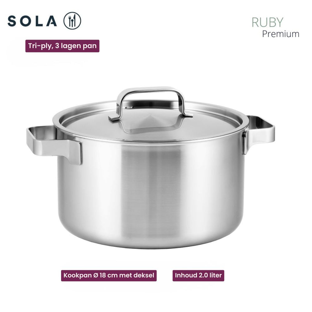 Sola Topfset Ruby 7-Teilig Premium Triply Edelstahl - Kochtopf ø 16, 18, 20 und 24 cm und Stielkasserolle ø 16 cm & BEKA Bratpfannen Pro Induc ø 24 & 28 cm