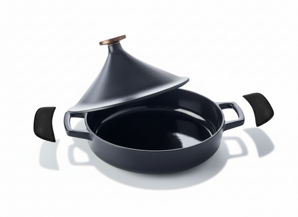 Alva Tagine - Nori - Gusseisen ø 28 cm - 3 Liter - emaillierte Antihaftbeschichtung + Gratis Ledergriffe