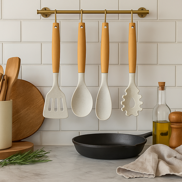 Cookinglife Kochgeschirr Set - Kochgeschirr Set - Holz beige 4-teilig - Pfannenwender, Servierlöffel, Salatlöffel & Spaghettilöffel
