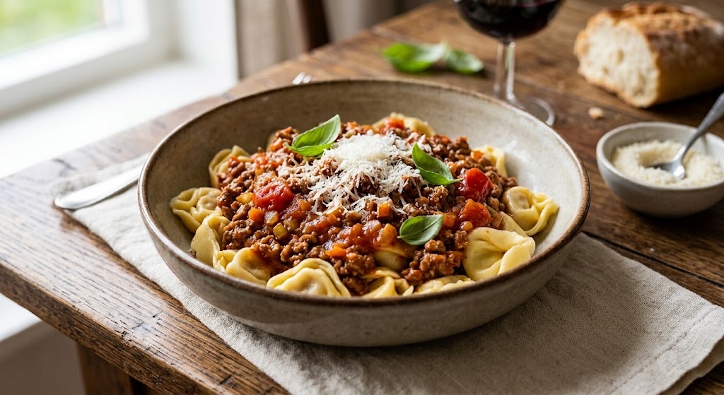 Die klassische Bolognese, aber mit gefüllten Tortellini für extra Biss.