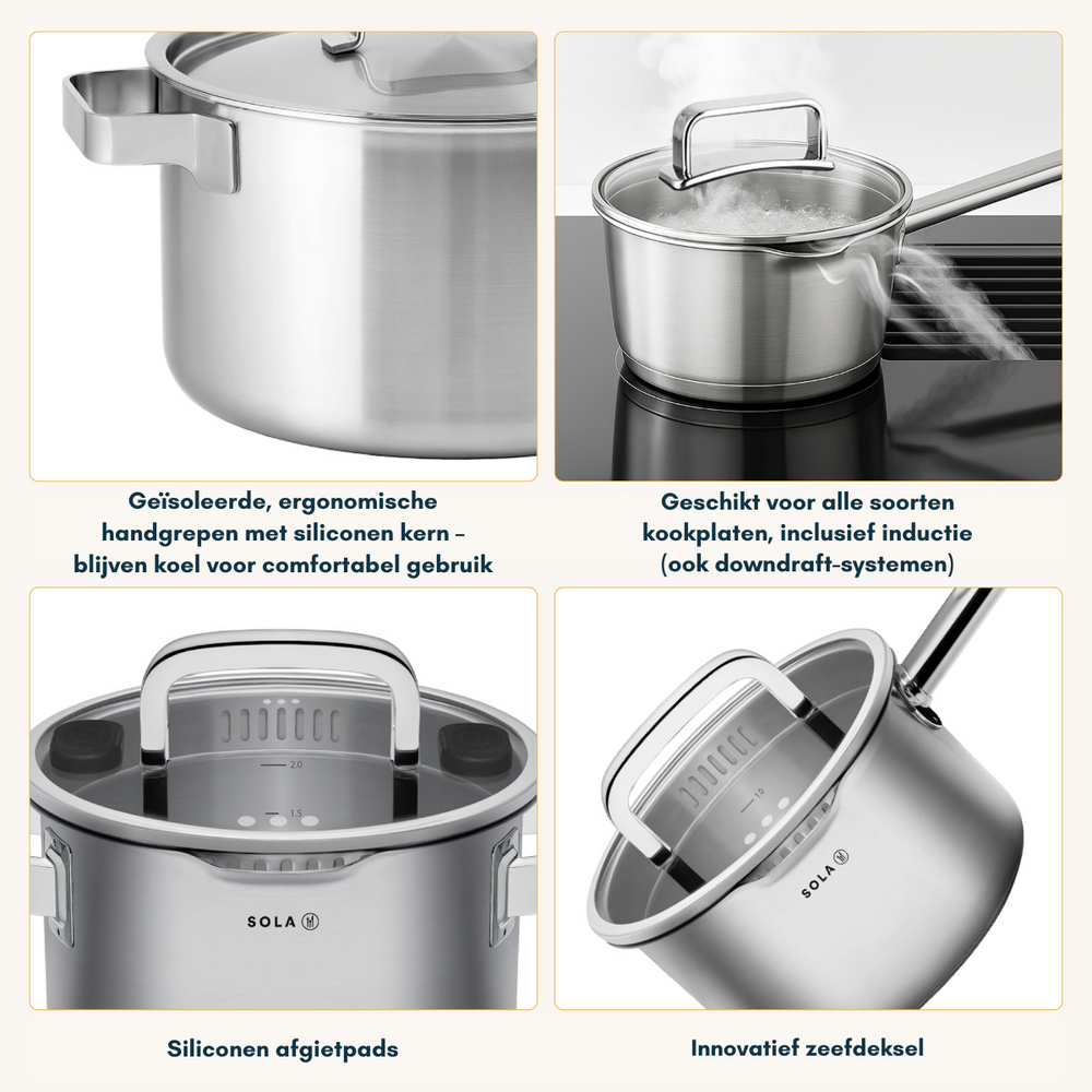 Sola Topfset Juvia 4-teilig – Edelstahl – downdraft-geeignet – Kochtöpfe Ø 16, 18, 20 cm & Stieltopf Ø 16 cm – geeignet für alle Herdarten